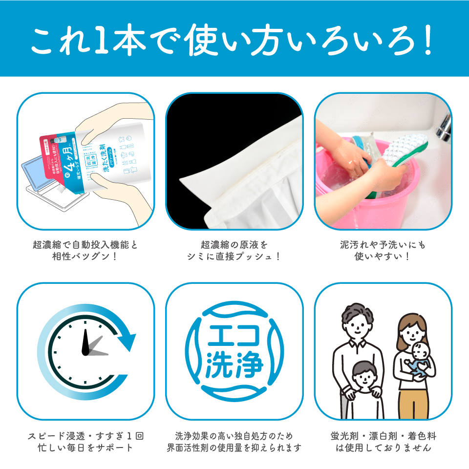 これ1本で使い方いろいろ!自動投入/Yシャツのシミに直接塗布/上履き洗い/スピード浸透/すすぎ1回/界面活性剤の使用量を抑える/簡単プッシュ式ボトルで計量しやすい